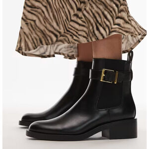 NEW MANGO MNG PEDRO BLACK GOLD BUCKLE DETAIL ANKLE BOOTS BOOTIE SZ 39 US 8.5